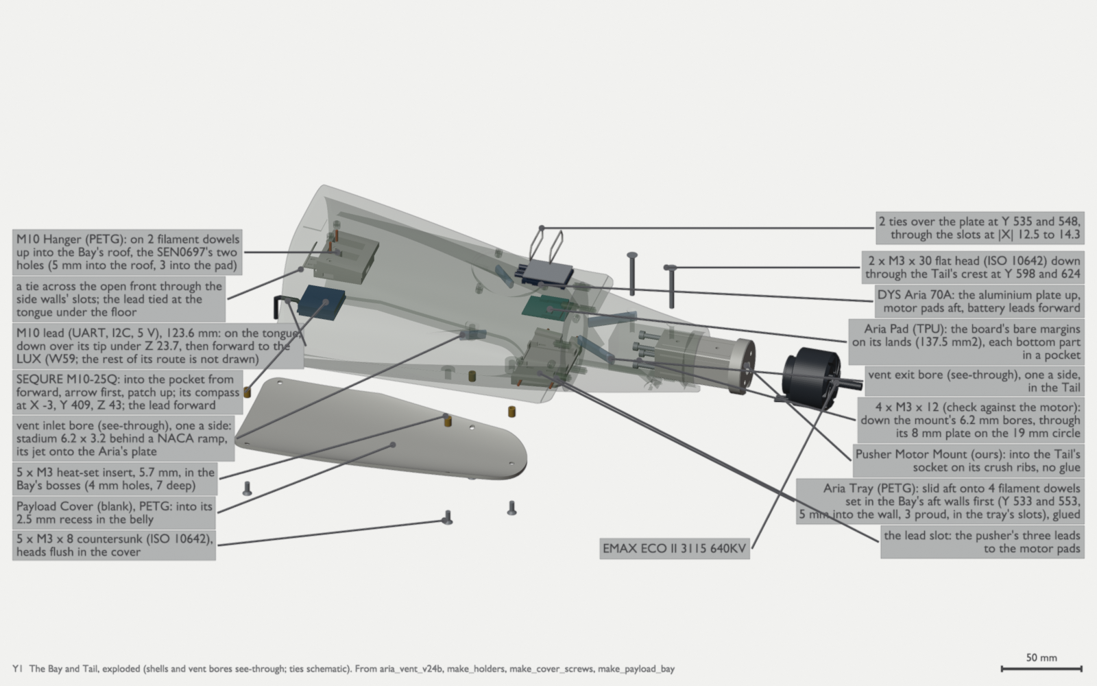 An exploded view of the rear fuselage, the shells see-through. Near the front of the bay roof, a small white hanger with a blue square module drawn below it and a short dark lead. Further aft, the motor controller on its tray with two ties, the belly cover with five screws below, and the motor and its mount out behind the tail. Every part has a label.