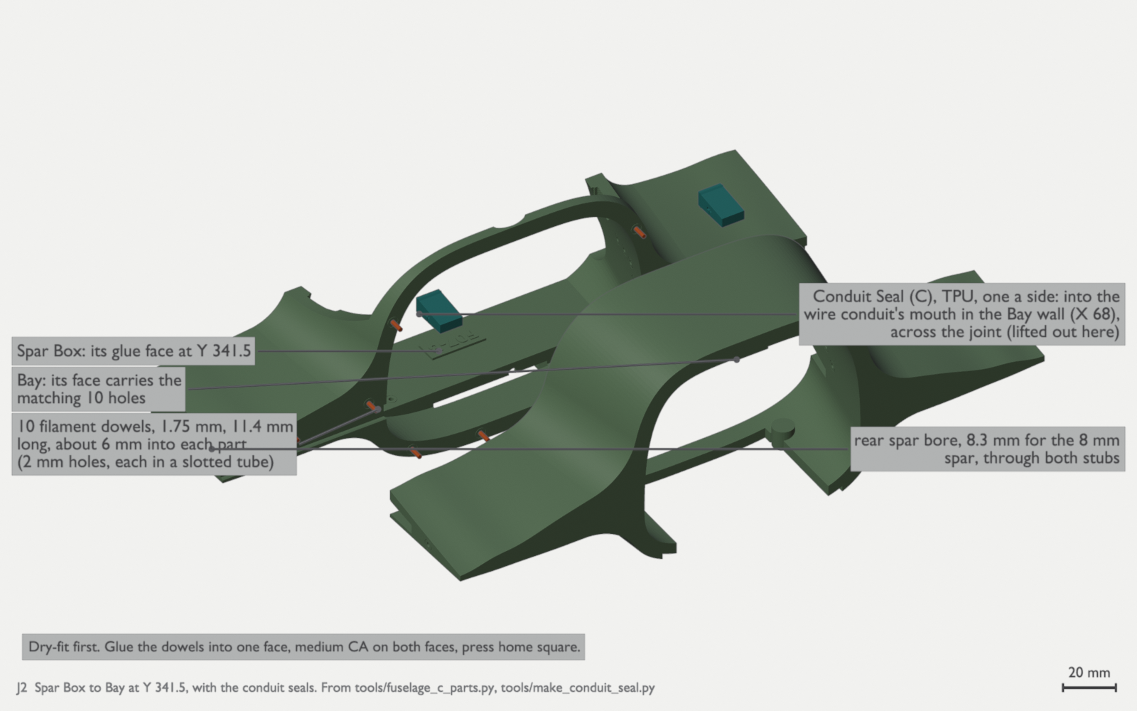 The aft face of the green Spar Box with ten orange dowels standing in it. The Bay's front end is lifted aft and up. Two small teal TPU seals float above the joint, and a label points to the rear spar bore. A raised code shows on a pad on the spar box's floor.