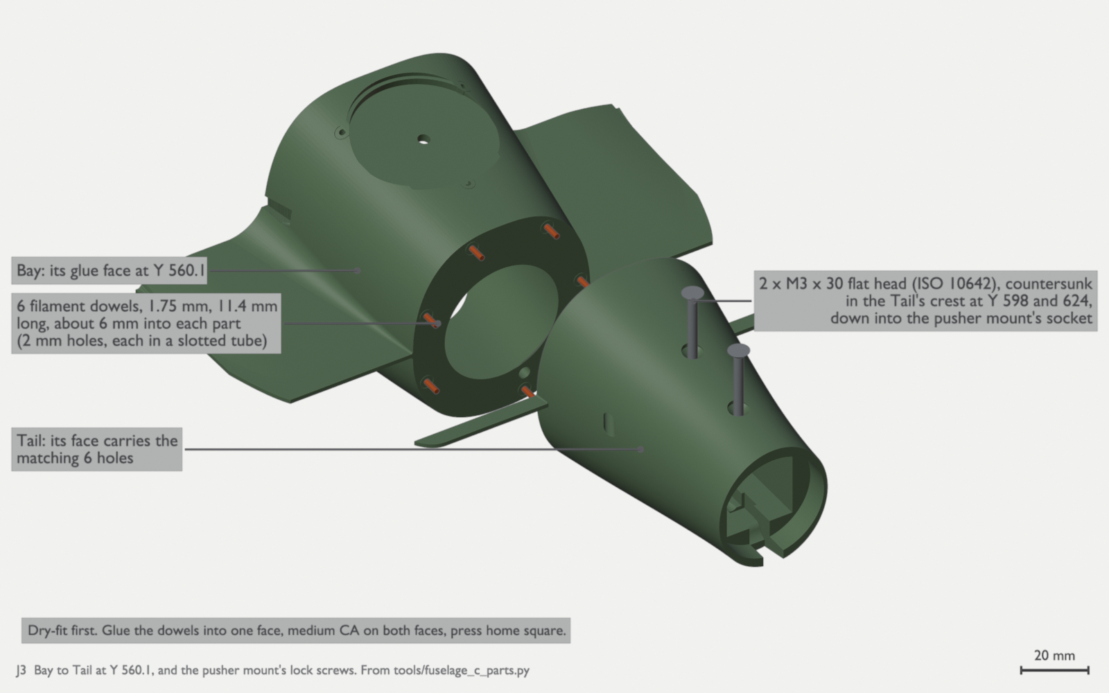 The aft end of the green Bay with six orange dowels in its face. The cone-shaped Tail is lifted aft and up. Two steel flat-head screws stand above the Tail's crest.