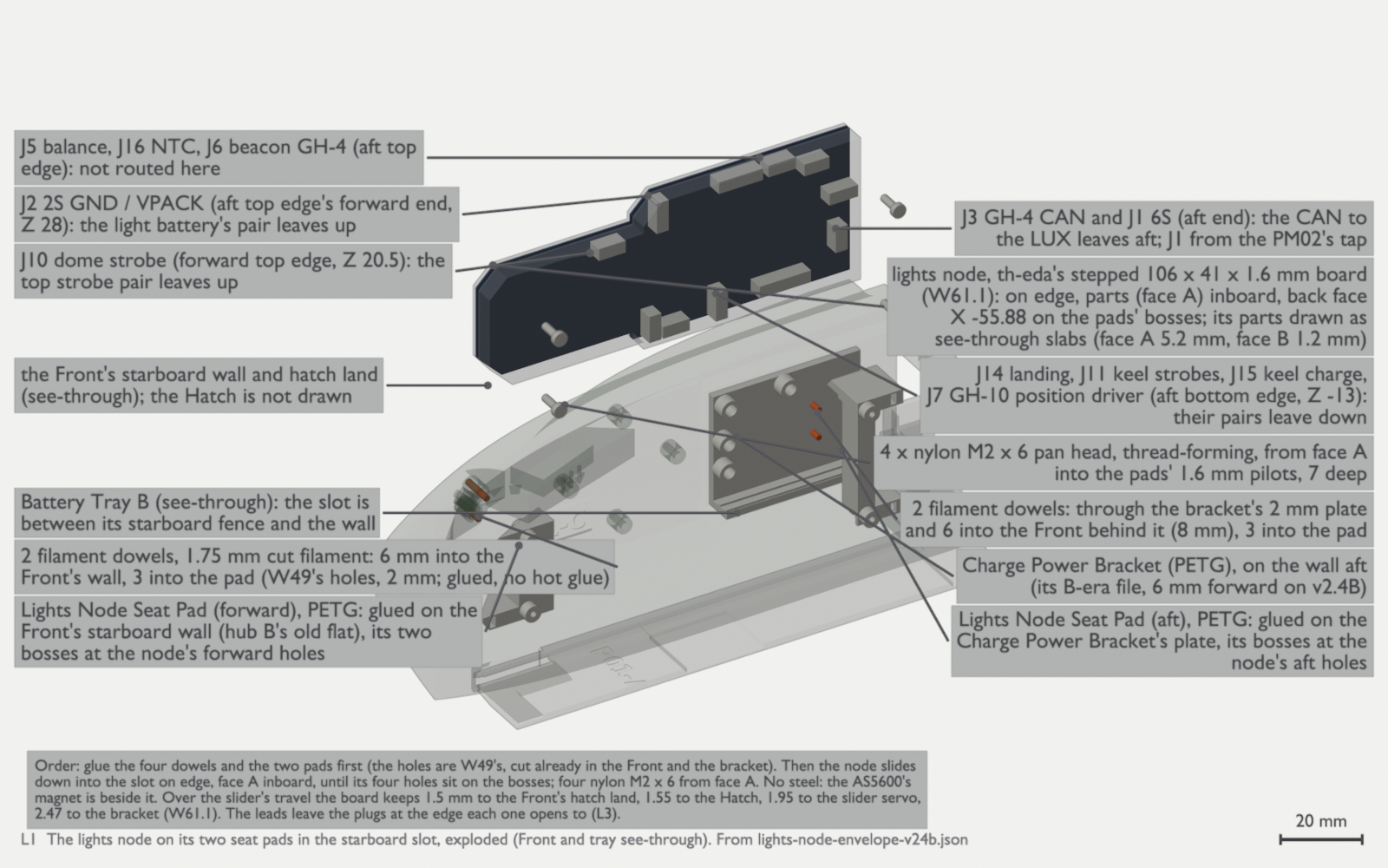 An exploded view from inboard and above of the starboard slot in the see-through Front. Two orange filament dowels stand in the wall at each end of the slot, and the two ivory seat pads float a little inboard of them, the aft one over the ivory Charge Power Bracket. Above them hangs the dark stepped node board on edge, with small ivory plugs along its inboard face and four nylon screws floating inboard of it. Every part has a label, and a box at the bottom gives the fitting order and the clearances.