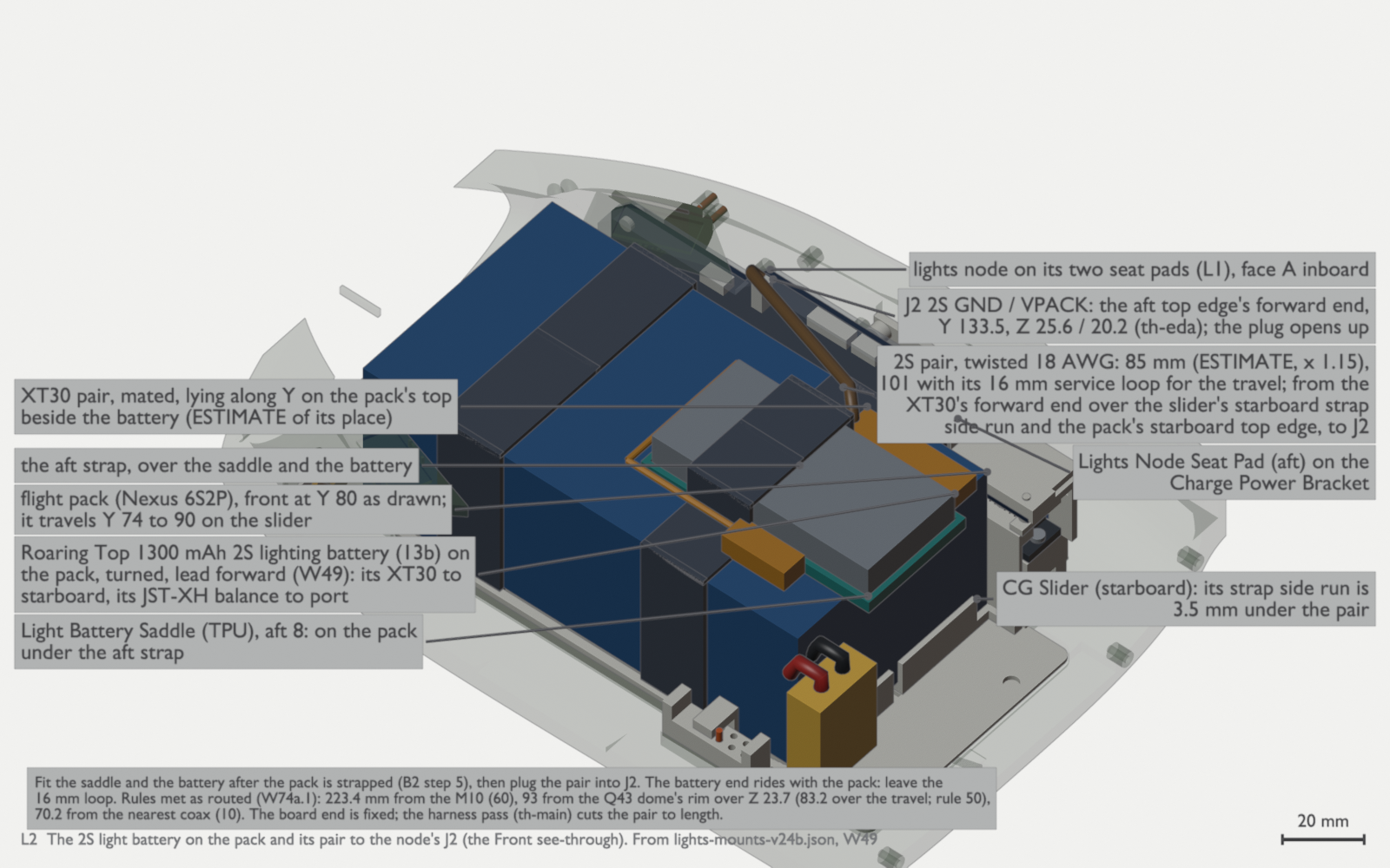 A view from above and inboard of the blue flight pack on its slider in the see-through Front. The grey lighting battery lies on top of the pack in its teal saddle under the aft strap, with a yellow XT30 pair beside it. A brown twisted pair runs from the XT30 up over the pack's starboard top edge to a plug on the top edge of the dark node board, which stands on edge at the starboard wall on its pads. Labels name each part, and a box gives the rules the pair meets.