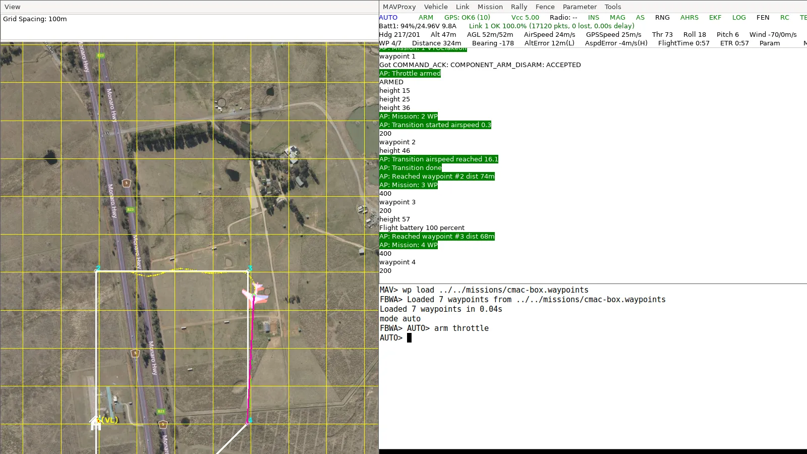 AUTO mission in cruise: the 400 m box on the map with the flown track, the console at 24 m/s and 9.8 A, and the three commands that started it
