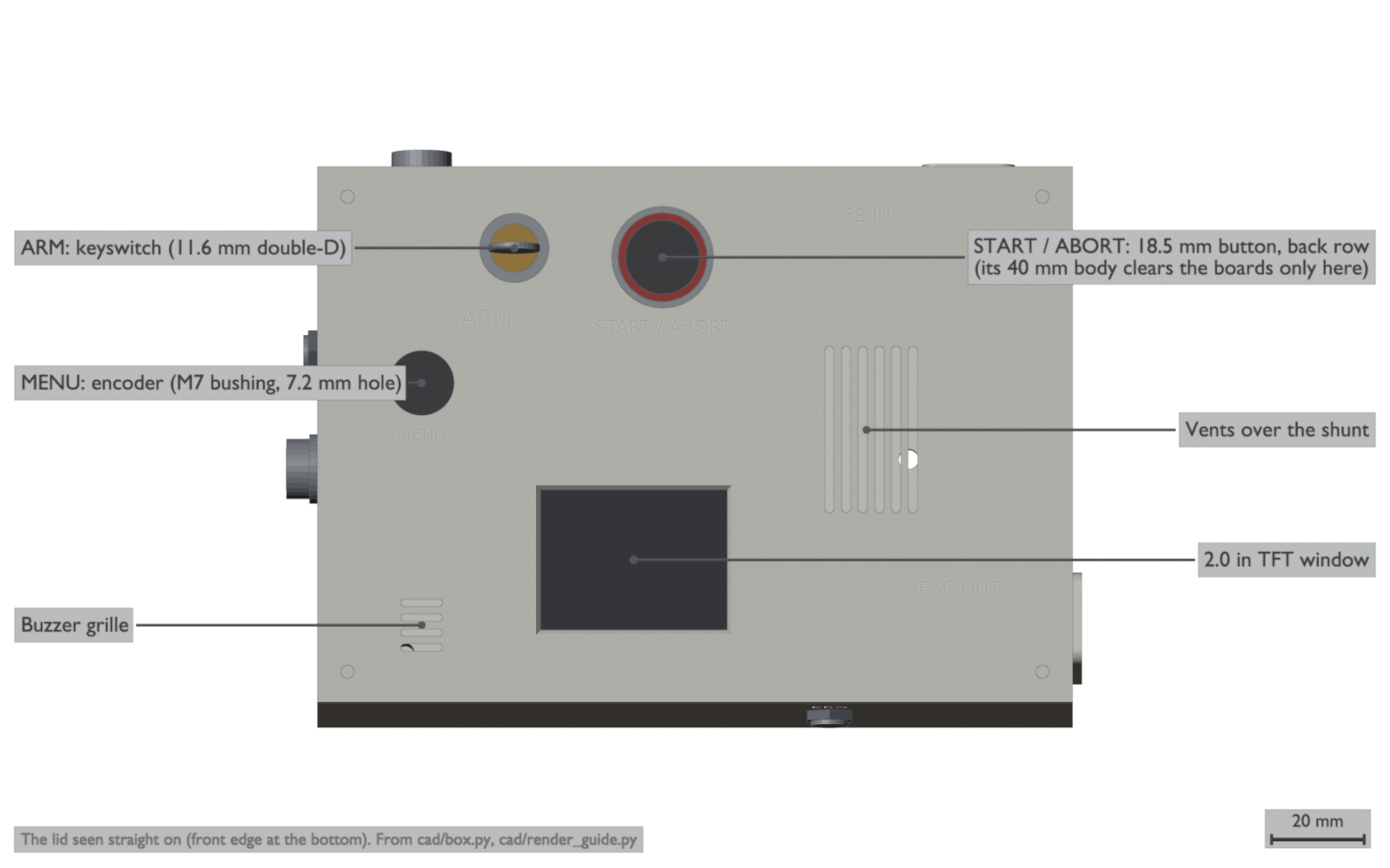 A top view of the box lid. Upper left, a keyswitch and a large button with a red ring; left, a black encoder knob; centre, a dark rectangular display window; right, six vent slots; lower left, a small buzzer grille. The words ARM, START / ABORT, MENU, 6S IN and ESC OUT are engraved beside their parts.