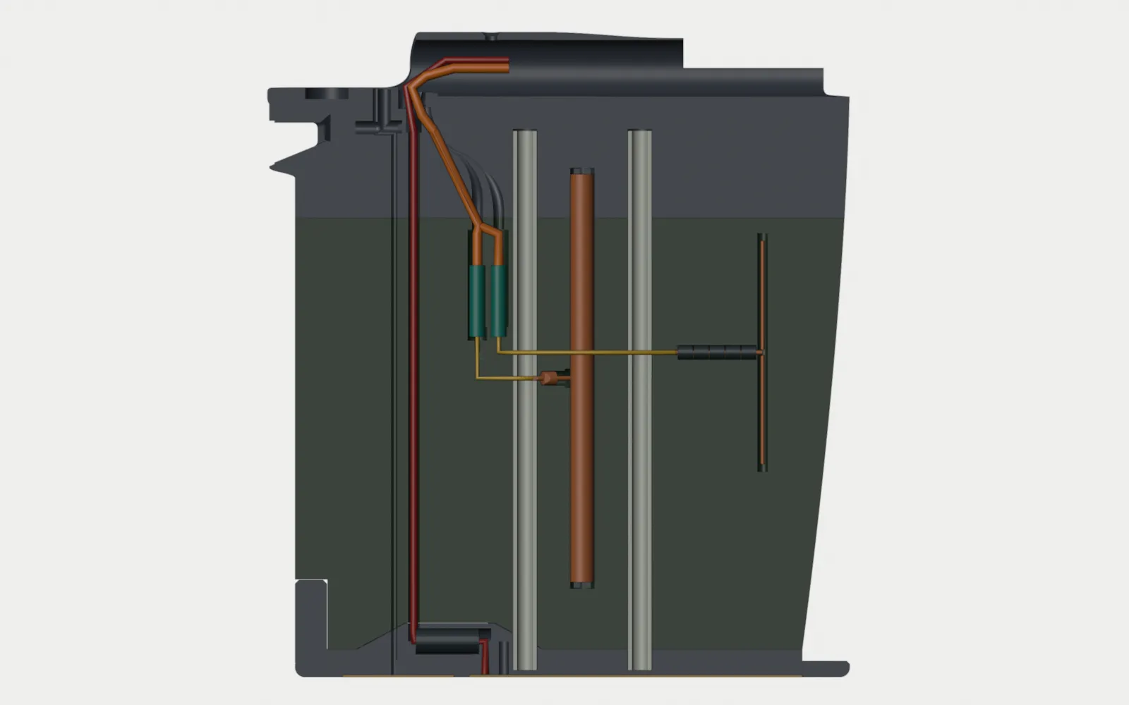 The port keel B cassette cut on its centre plane, seen from inboard with the lid off: the ELRS dipole with five beads on its pigtail, the LoRa coil between the two glass cores with its one bead, both pigtails running to the teal MMCX jacks of joint J1, both RG316 runs rising to the spar, and the charge lead in red in its own channel at Y 490 with its bead at the sole
