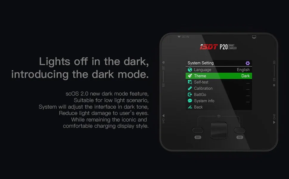 The P20's system settings menu in the dark theme