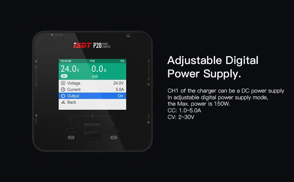 The P20's screen in DC power supply mode, 24.0 V at 5.0 A on channel 1