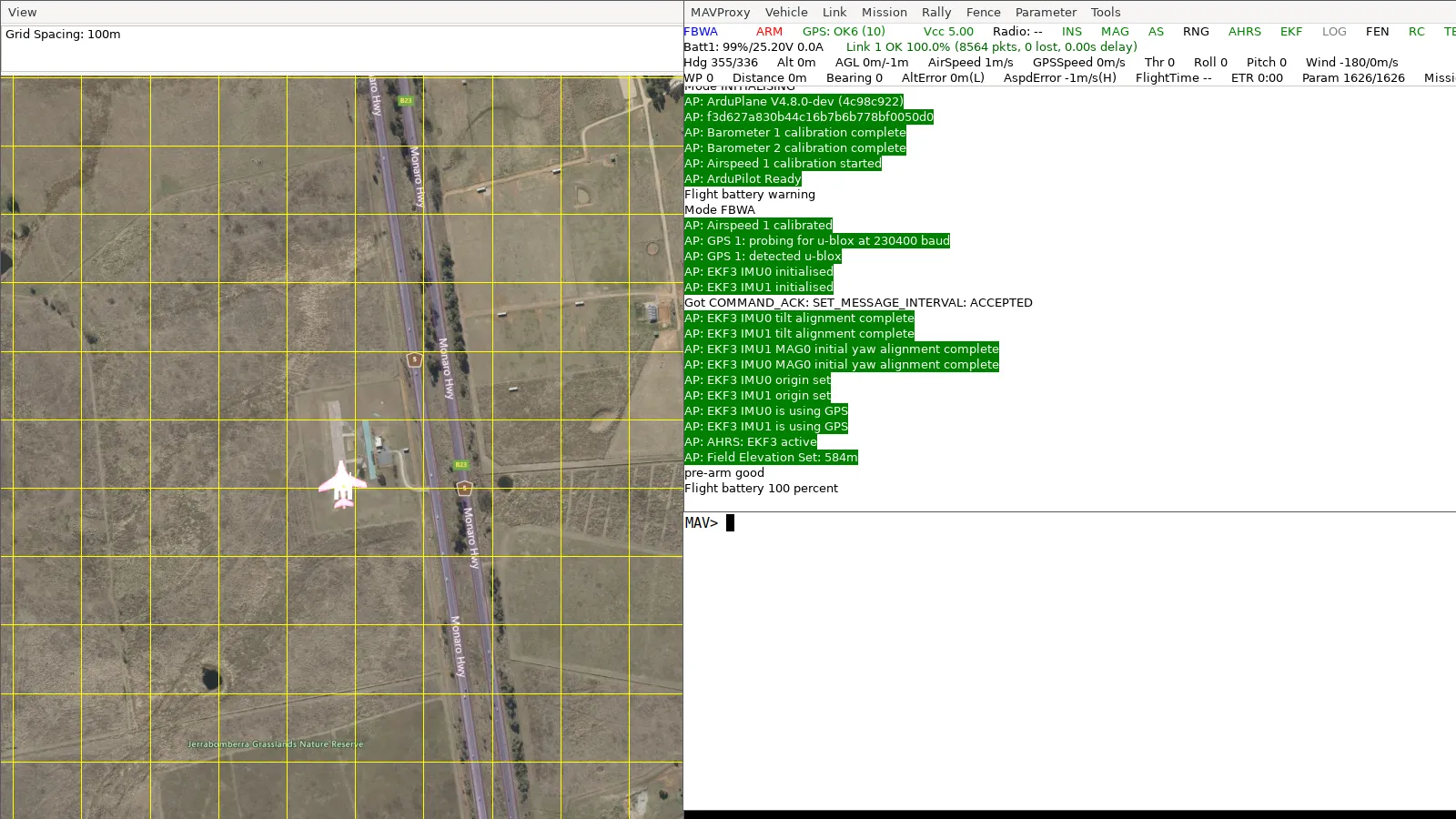 The SITL desktop: satellite map of the CMAC field with TerraHawk on the ground, the MAVProxy console reporting pre-arm good, and the command prompt