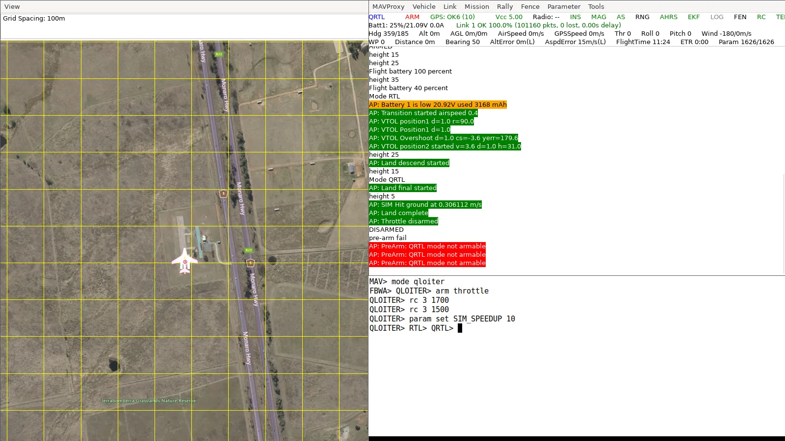 Pack failsafe: Battery 1 is low at 20.92 V after 3168 mAh, RTL, a transition in place and a vertical landing at flight time 11