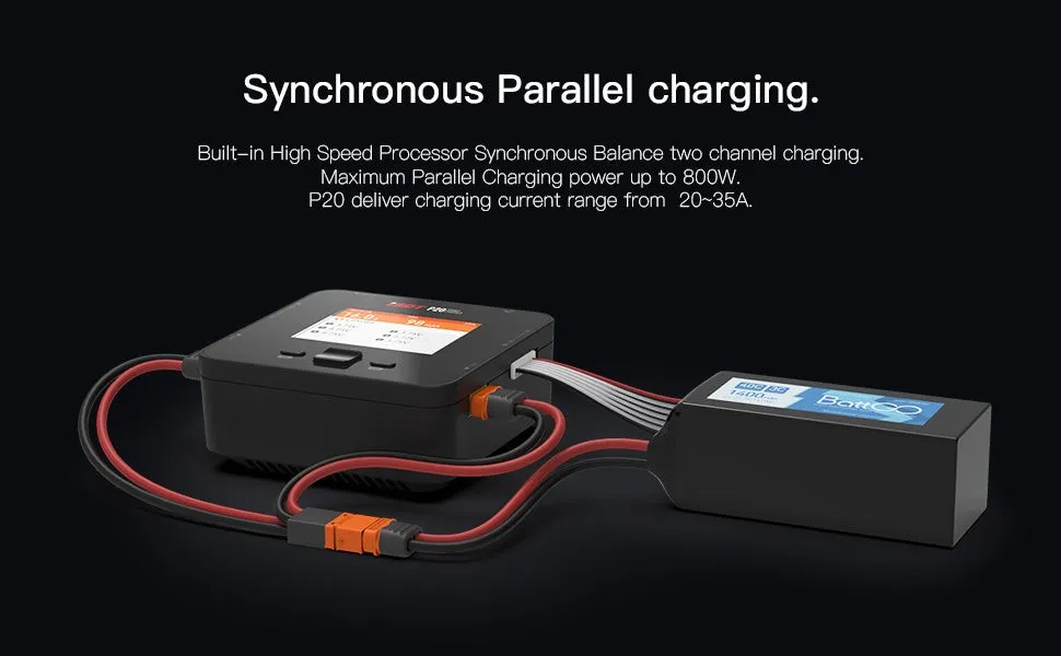 The P20 charging one pack in parallel, its main lead on a Y cable into both outputs