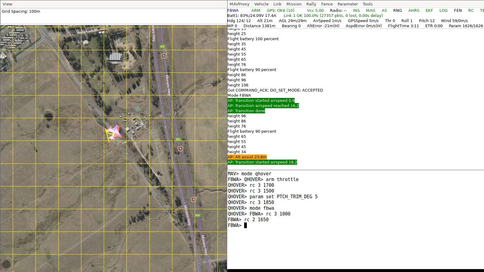 Q_assist drill: after the FBWA transition and rc 3 1000 the console counts the height down from 106 m, then Alt assist below 25 m and the lift motors start