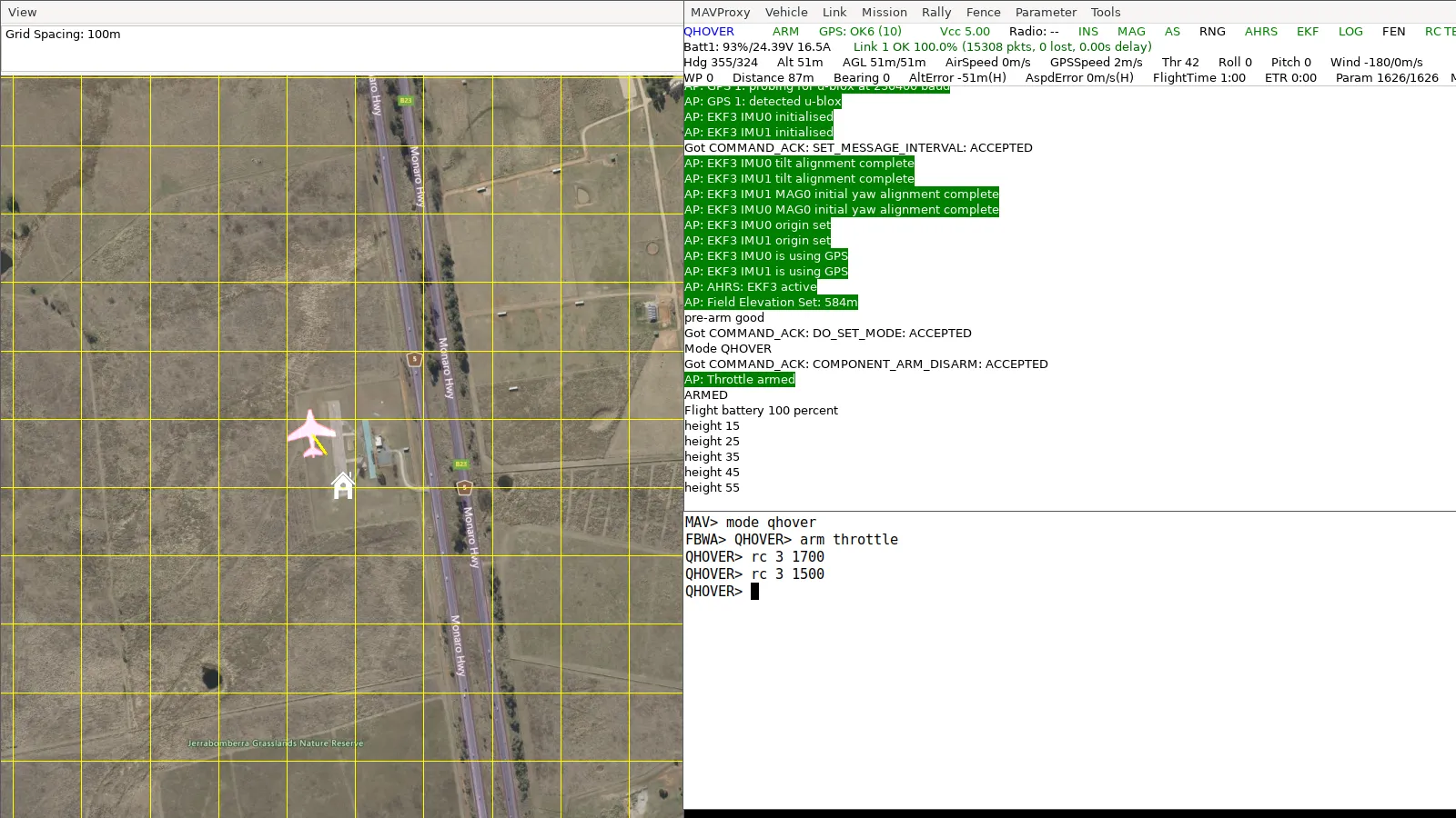 QHOVER at 51 m after the climb with rc 3 1700 then rc 3 1500, drawing 16.5 A