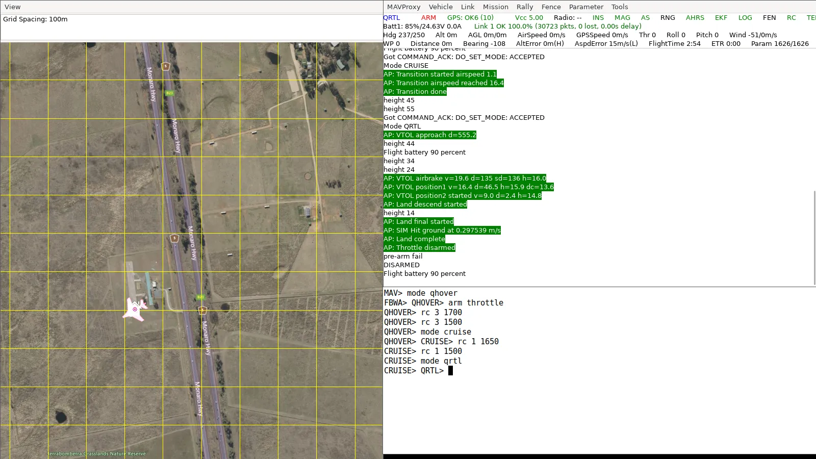 After mode qrtl: the console shows the VTOL approach and SIM Hit ground at 0.30 m/s, then Land complete and Throttle disarmed