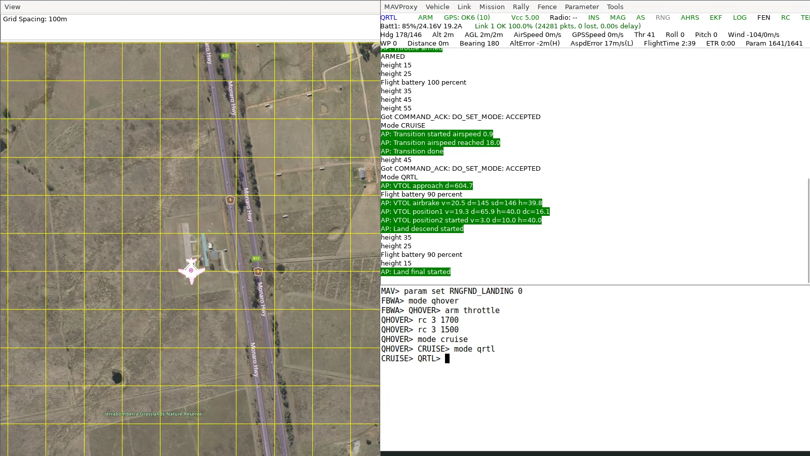 The same QRTL landing with RNGFND_LANDING 0: Land final started at 2 m, and the RNG indicator in the console header is grey