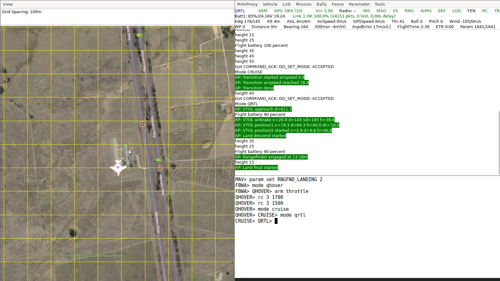QRTL landing with the rangefinder: the console shows Rangefinder engaged at 13.18m on the approach and Land final started at 4 m