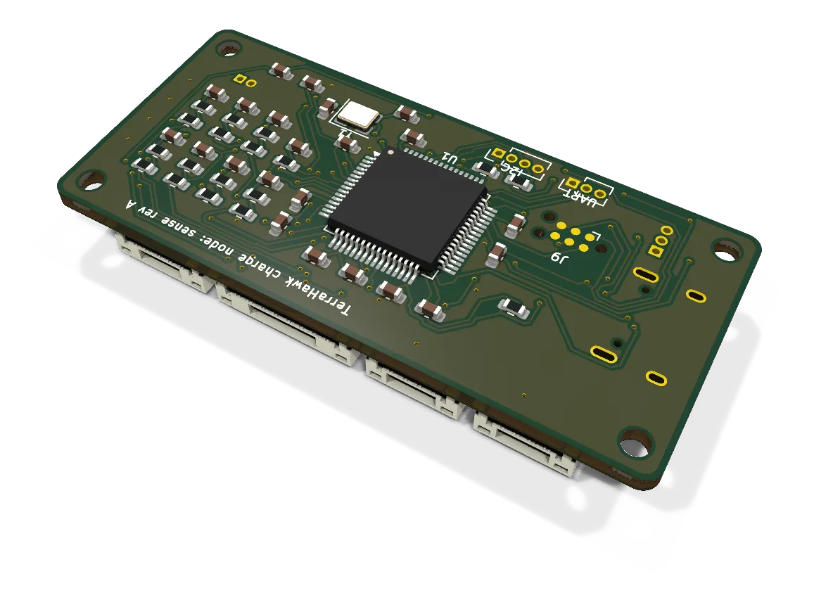 KiCad 3D render of the Charge Node: sense board, bottom side.