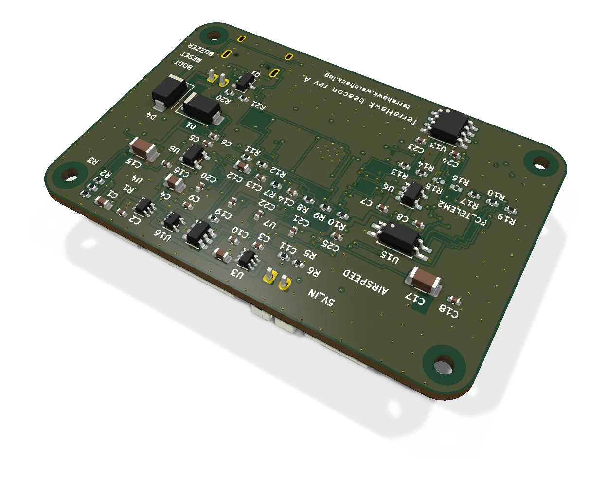 KiCad 3D render of the Beacon, bottom side.