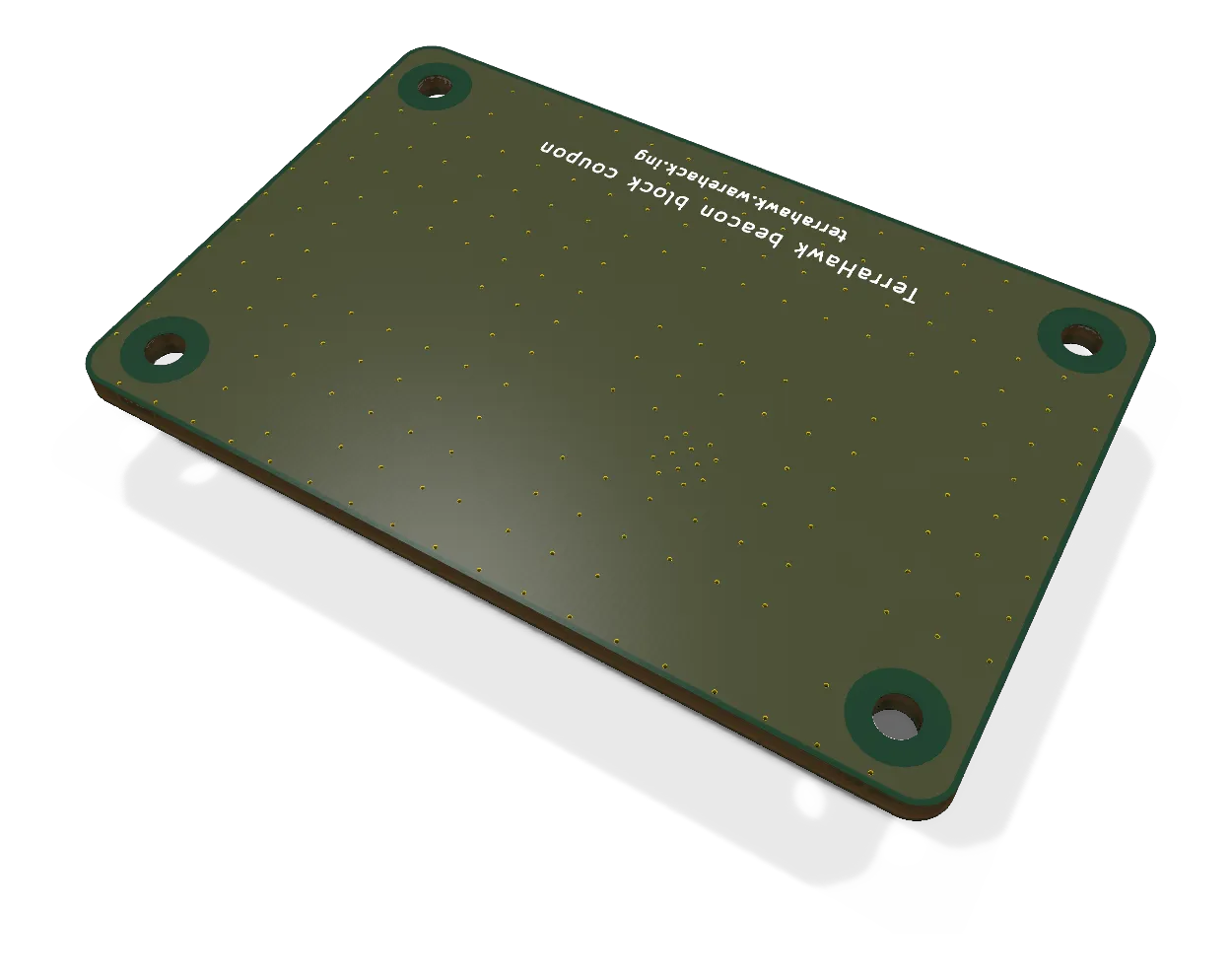 KiCad 3D render of the Beacon block board: coupon, bottom side.