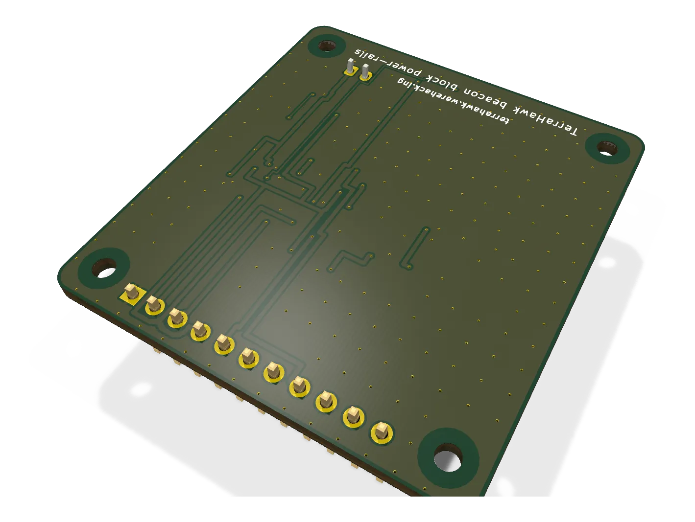 KiCad 3D render of the Beacon block board: power-rails, bottom side.