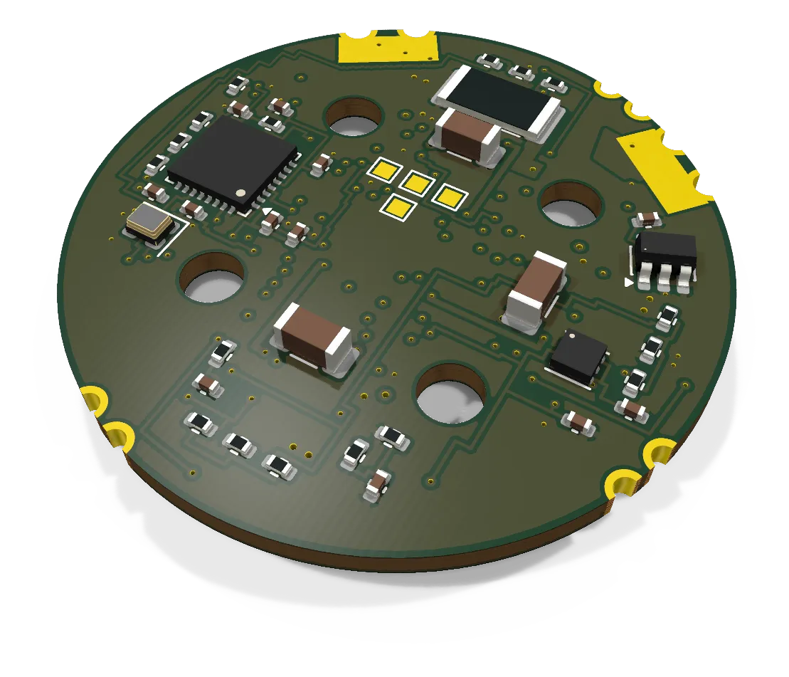 KiCad 3D render of the Lift ESC, round under-motor, bottom side.