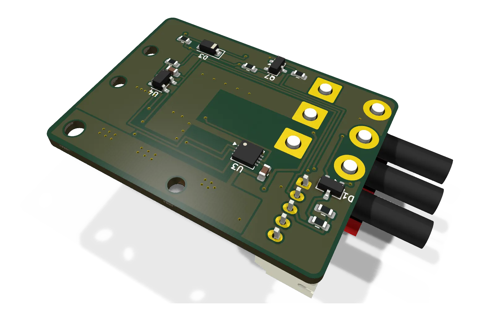KiCad 3D render of the Charge Node: power stage, bottom side.