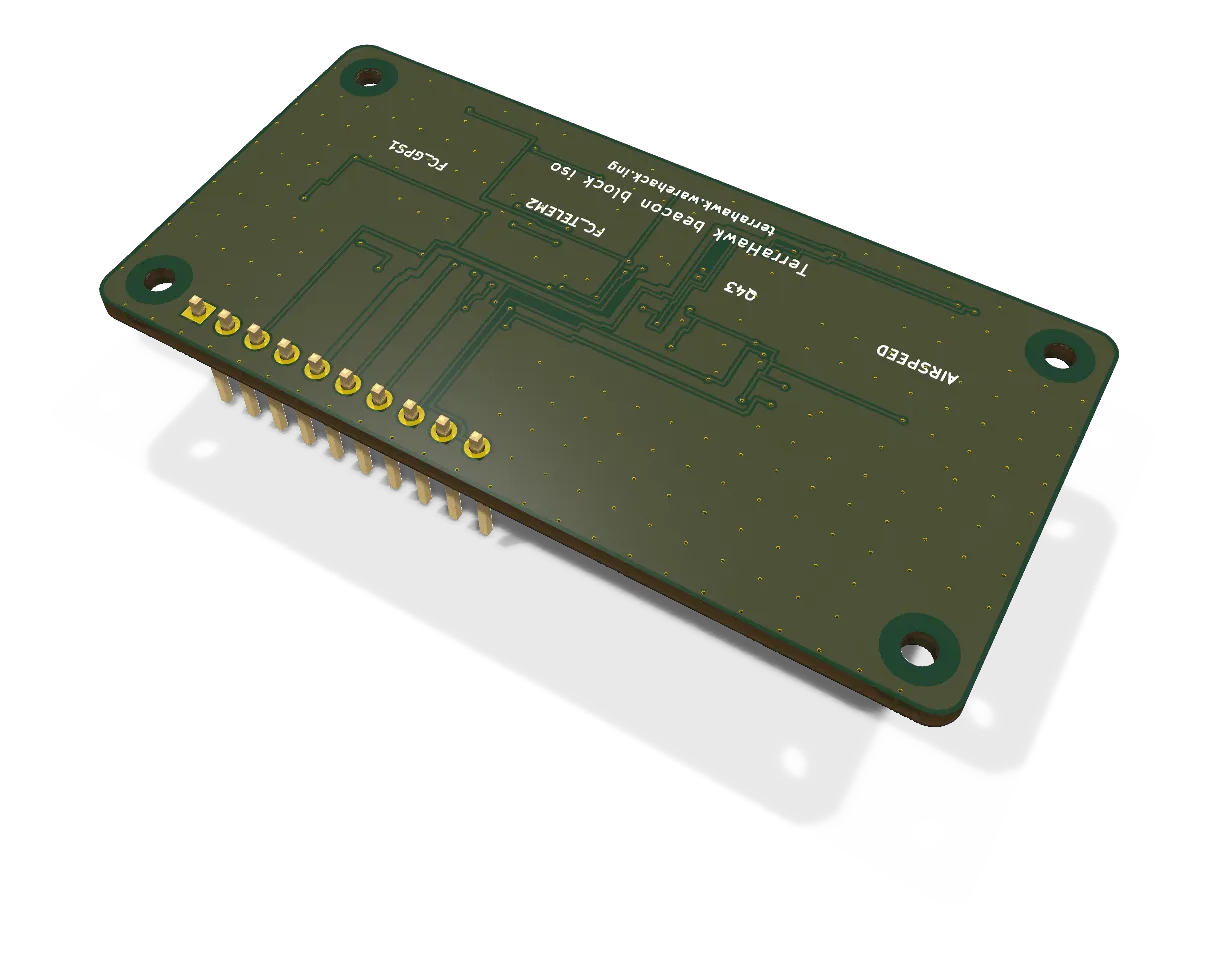 KiCad 3D render of the Beacon block board: iso, bottom side.