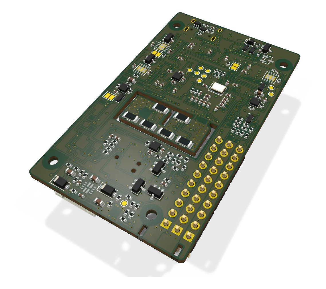KiCad 3D render of the Flight controller, bottom side.