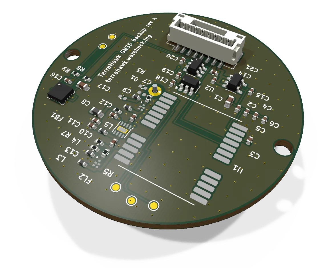 KiCad 3D render of the GNSS backup module, bottom side.