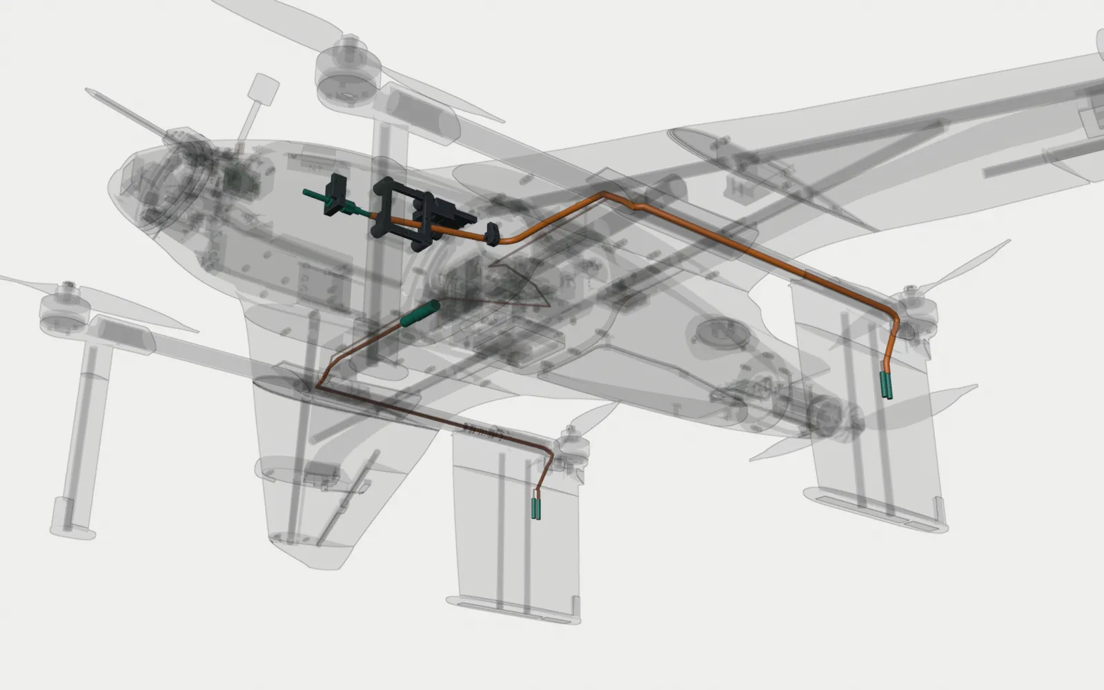 The aircraft on Fuselage C v2.4B shown faint and both LoRa RG316 runs, in amber. LoRa A goes from joint J2 on the port bay wall along the wall through the two clips on hub A’s pad and the rise clip, with one bend into the port wire mouth ahead of the front spar, then out along the wire channel, down through the window into the VTOL spar and aft inside it to the port keel jacks. LoRa B goes from its SMA plug and 50 ohm load, which lie across the bay ahead of the front spar, straight out through the starboard wire mouth and along the same path to the starboard keel jacks. Each run stays on its own side. The ELRS runs to the receiver are faint, and their line through the mouths is an estimate
