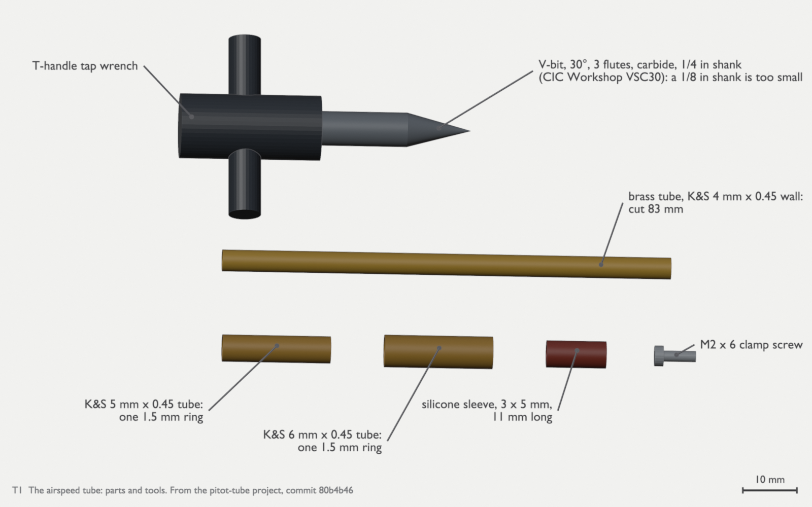 A top view of parts laid out on a light ground. At the top, a dark T-handle tap wrench holds a grey V-bit that points right. Below it is a long brass tube. In a row at the bottom are two short brass tubes, a short dark red silicone sleeve and a small grey screw. Labels with leader lines name each item: brass tube, K&S 4 mm x 0.45 wall, cut 83 mm; K&S 5 mm and 6 mm x 0.45 tube, one 1.5 mm ring each; silicone sleeve, 3 x 5 mm, 11 mm long; M2 x 6 clamp screw; V-bit, 30 degrees, 3 flutes, carbide, 1/4 in shank (CIC Workshop VSC30), with the note that a 1/8 in shank is too small; T-handle tap wrench.