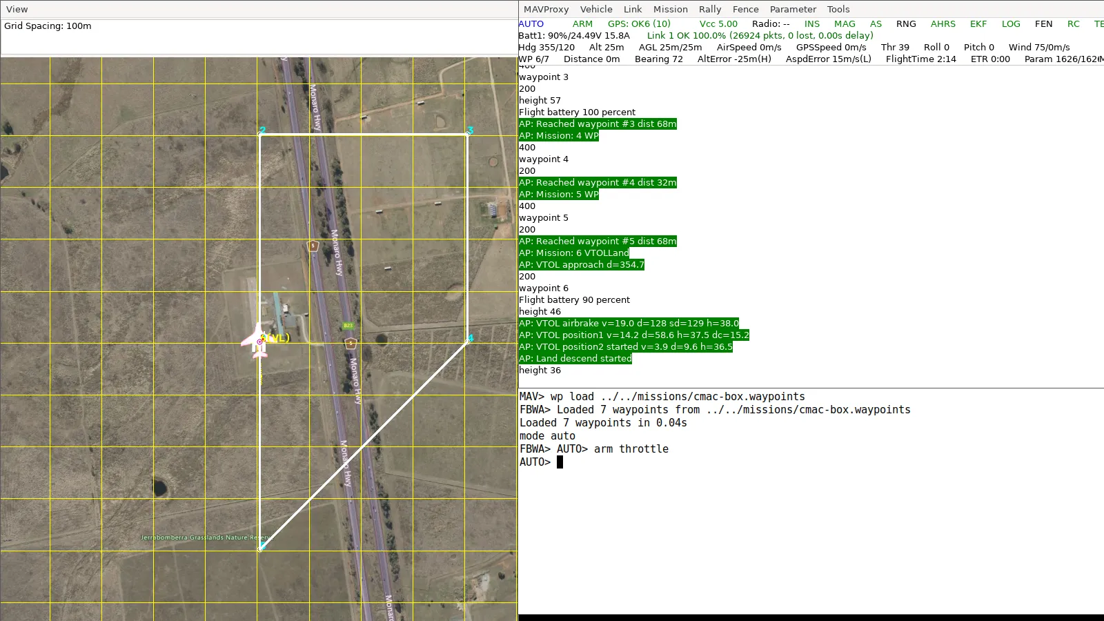 AUTO mission landing: the console lists VTOL approach, airbrake, position1, position2 and Land descend started as the aircraft descends over home