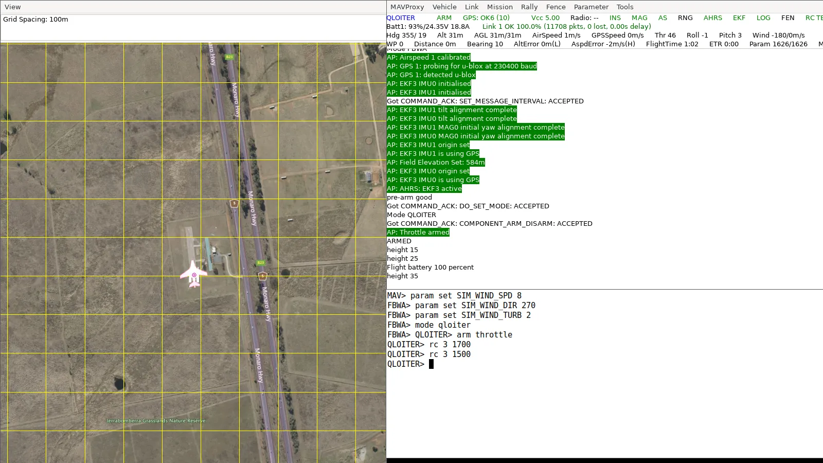QLOITER hover at 31 m in an 8 m/s crosswind with gusts: 3 degrees of pitch and 1 degree of roll, 46% throttle